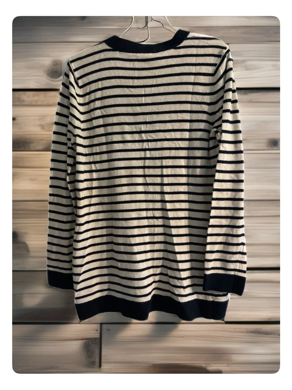 Tory Burch Navy and Cream Striped V-Neck Sweater